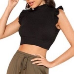 Storia Black Ruffle Crop Top with Olive Bottoms